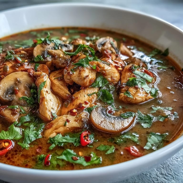 Hearty Thai Coconut Curry Soup Bowl served in a rustic bowl, featuring colorful peppers and spinach in a spicy red curry broth.