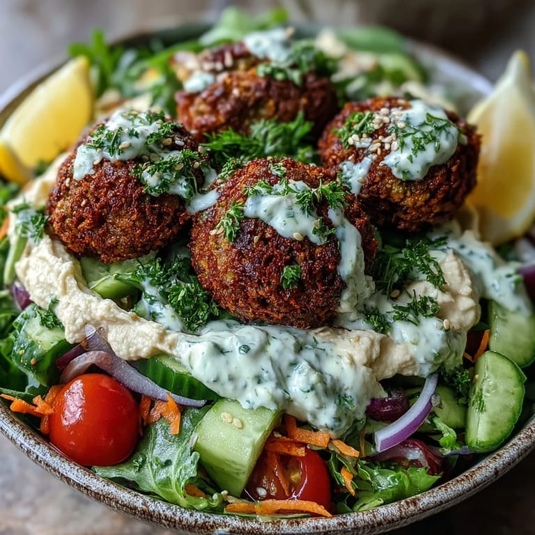 A hearty Falafel Bowl features golden falafel, tangy tzatziki, and colorful Mediterranean vegetables for a satisfying vegetarian meal.