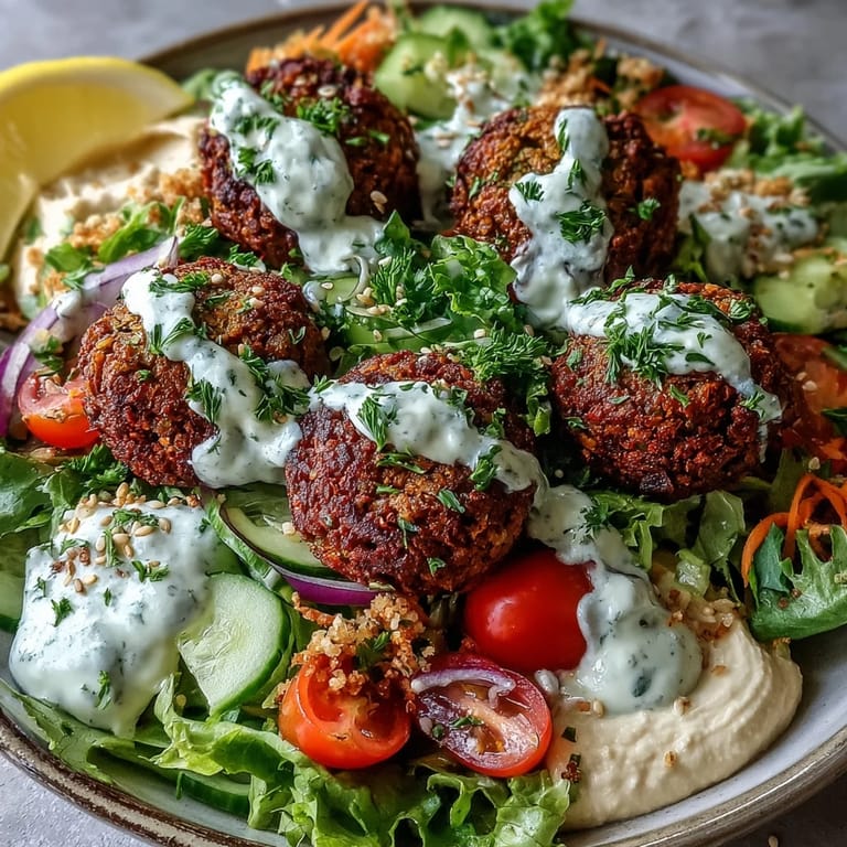 Spoonfuls of hummus and tzatziki garnish this vibrant Falafel Bowl, sprinkled with parsley and sesame seeds beside lemon wedges.