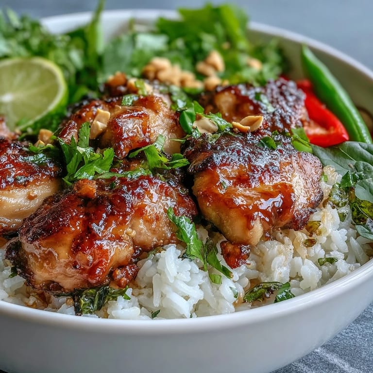 A colorful Thai Chicken Coconut Bowl garnished with chopped peanuts, cilantro, and lime wedges on a rustic table.