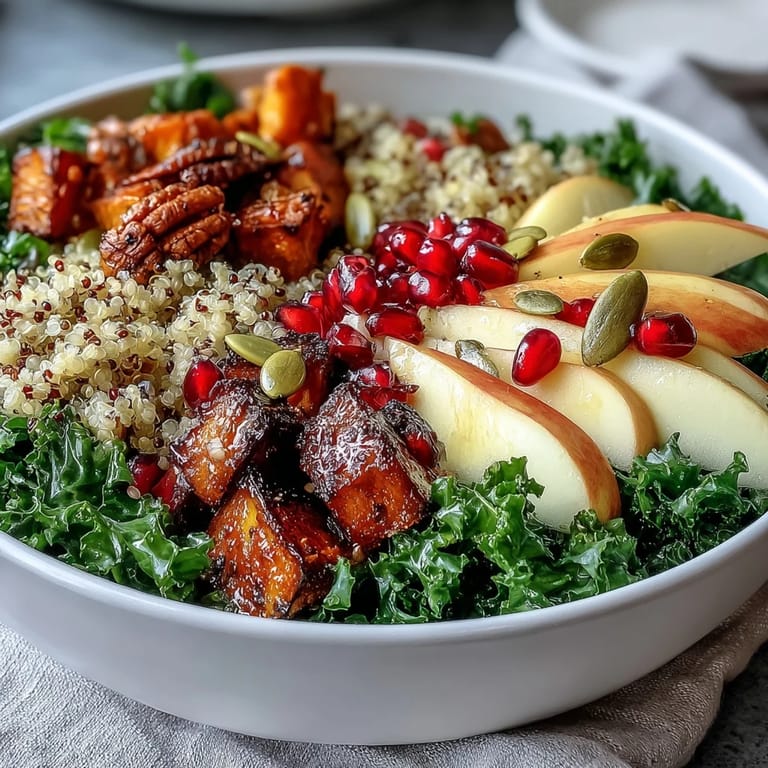 Golden roasted sweet potatoes and fluffy quinoa top the fresh Kale Harvest Grain Bowl, drizzled with tangy apple cider dressing and sprinkled with bright pomegranate seeds.