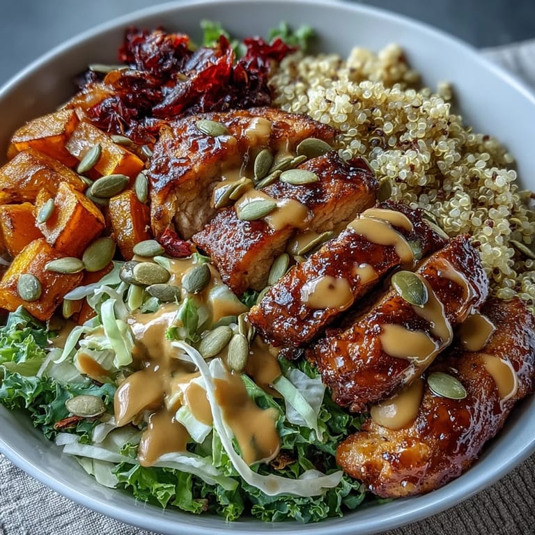 Colorful Hot Honey Chicken Bowl topped with crunchy red cabbage slaw and spicy mustard dressing on a rustic table.
