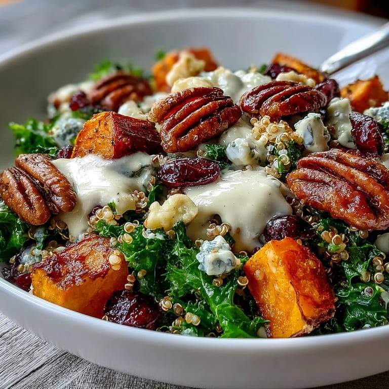A hearty vegetarian Harvest Kale Quinoa Bowl topped with roasted sweet potatoes, massaged kale, crunchy pecans, cranberries, and creamy blue cheese.