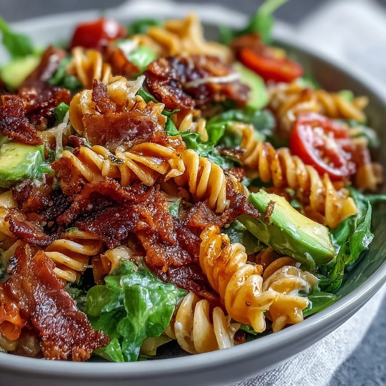 Colorful BLT Pasta Salad with juicy cherry tomatoes, creamy avocado, and crunchy romaine lettuce, tossed in a tangy dressing.