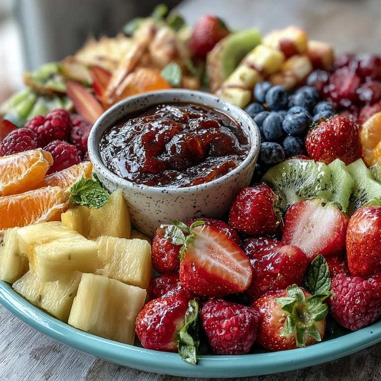Vibrant Spring Fruit Platter with Creamy Yogurt Dip: An eye-catching fruit platter featuring pineapple, grapes, and berries, paired with a smooth honey-lemon yogurt sauce—perfect for brunch or parties.
