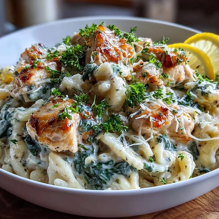 Bright lemon and orzo dish with juicy chicken, wilted spinach, and a sprinkle of parsley, perfect for spring evenings.