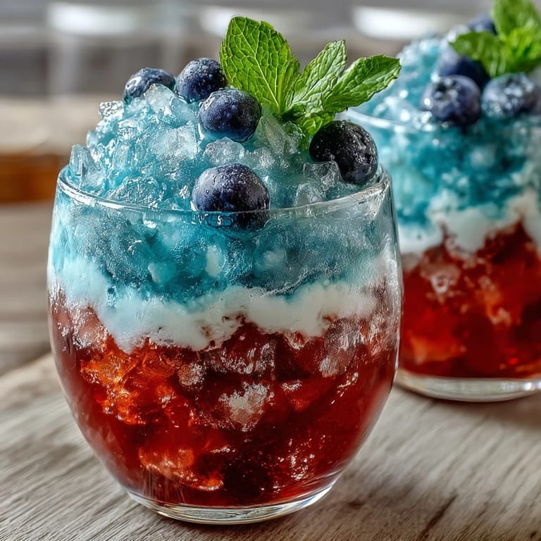 Vibrant red, white, and blue Jello layers chilled in cups, topped with whipped cream and fresh berries for a colorful dessert.