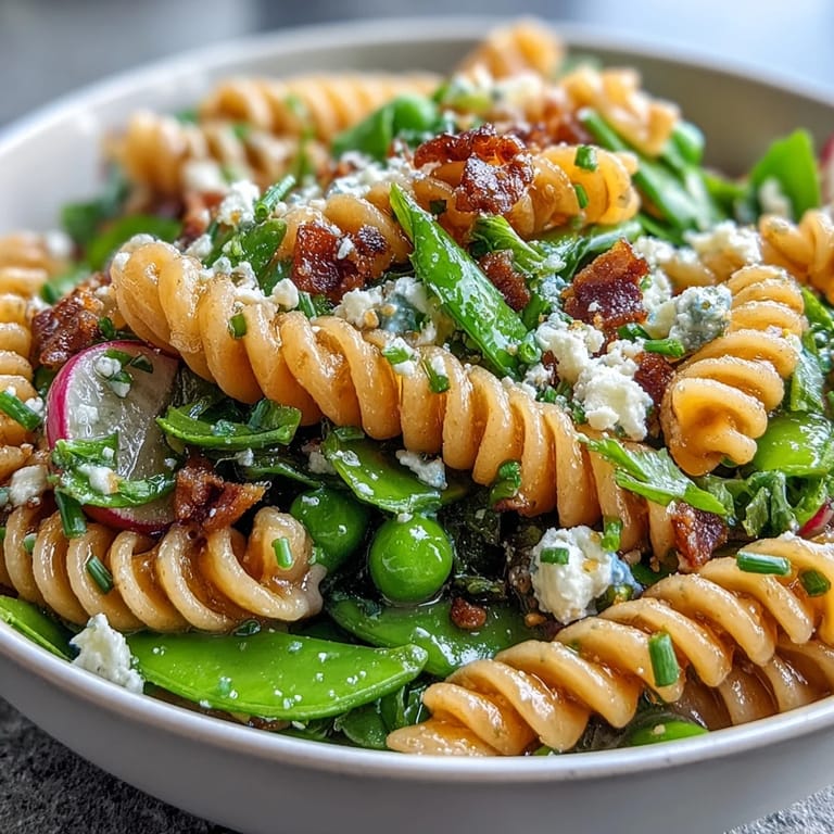Colorful Spring Pasta Salad with Lemon Vinaigrette and Radishes, a light vegetarian dish perfect for picnics or springtime lunches.