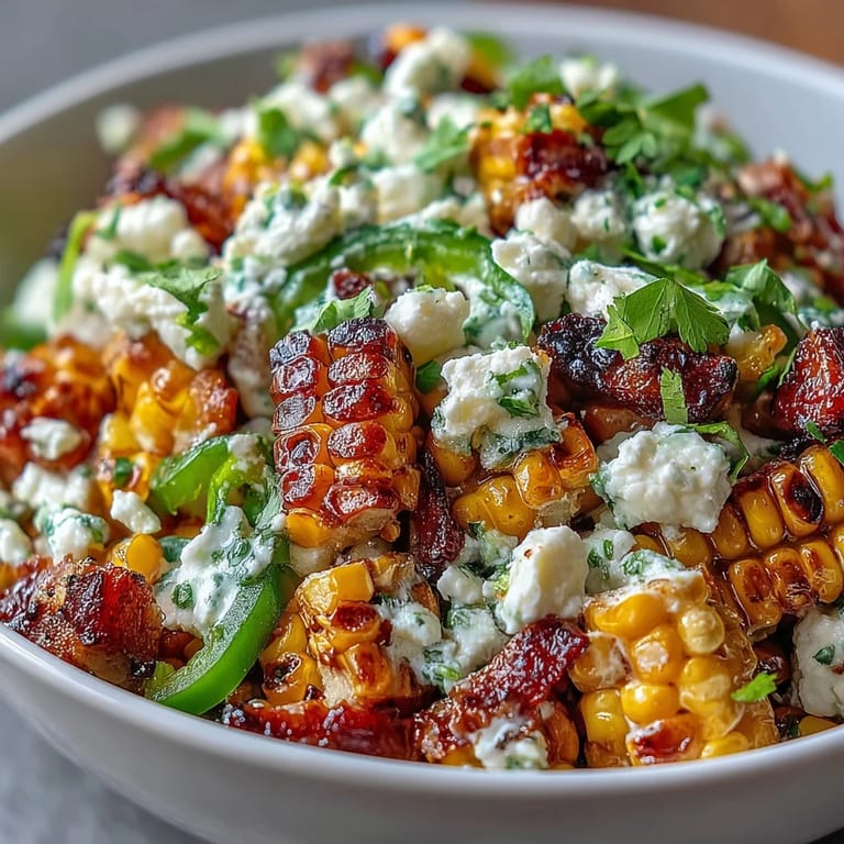 Colorful Mexican Street Corn Salad featuring fresh cilantro, red bell pepper, and tangy lime dressing for a refreshing side dish.  