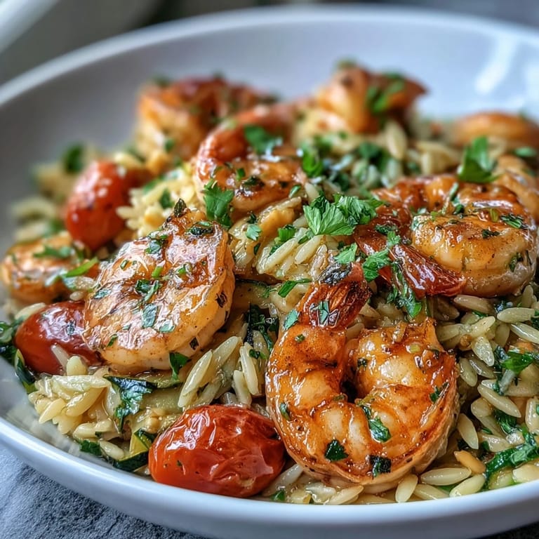 Bright Mediterranean flavors shine in this easy lemon butter shrimp and orzo, featuring zucchini and cherry tomatoes.  
