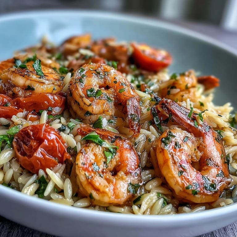Succulent shrimp and orzo pasta simmered in zesty lemon butter sauce with colorful vegetables for a satisfying meal.