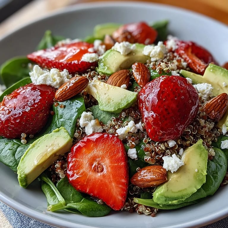 Colorful strawberry avocado quinoa salad with basil, feta, and crunchy nuts, perfect for a light vegetarian meal.