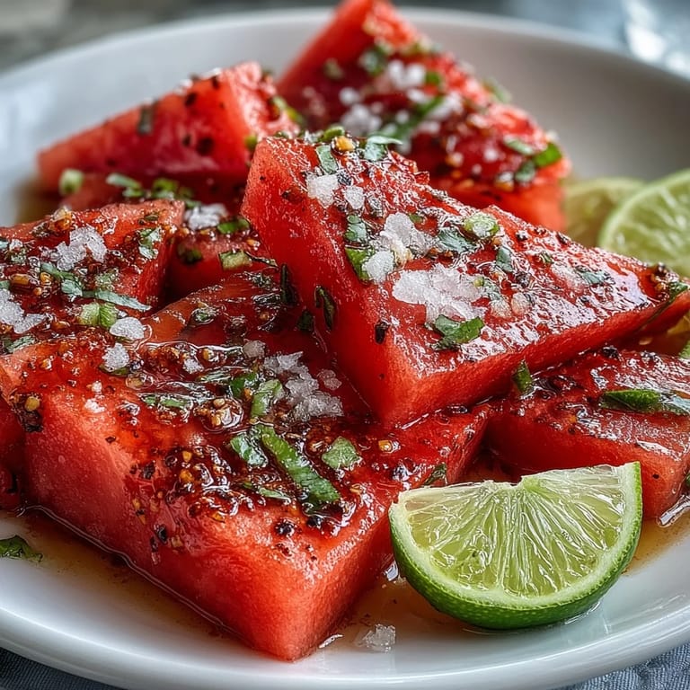 Chilled watermelon sticks topped with Tajin seasoning and tangy lime slices offer a vibrant, Mexican-inspired summer snack.