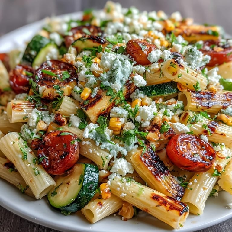 Summer pasta salad featuring grilled zucchini, corn, and fresh cilantro.