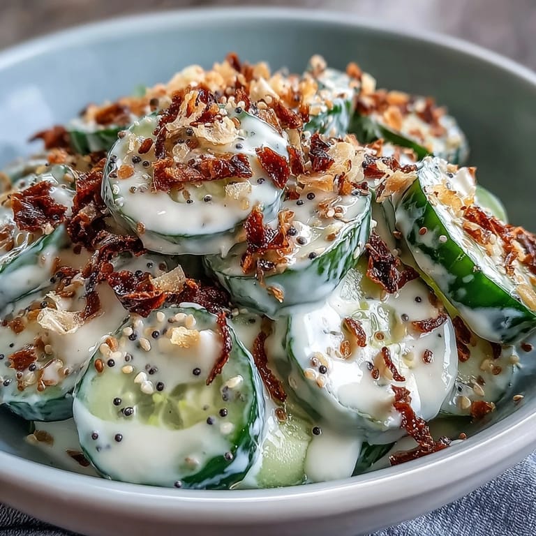 Cool sliced cucumbers tossed with creamy, savory everything bagel dressing.
