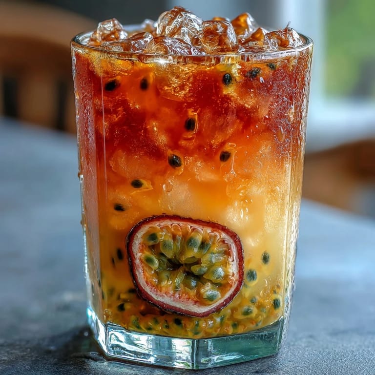 Gorgeous passionfruit orange mocktail showcasing a stunning sunrise effect with juicy layers.