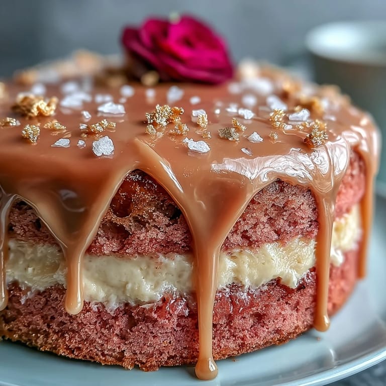 Close-up on the Bridal Shower Rosé Velvet Cake showing glossy gold drip cascading down.