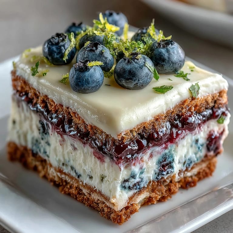 Refreshing no-bake cake showcasing tart lemon cream and sweet blueberries on graham crackers.