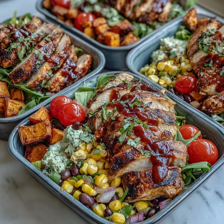 Savory grilled BBQ chicken meal prep bowls with sweet potatoes, beans, and toppings.