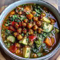 A steaming bowl of spiced chickpea and vegetable soup, topped with fresh cilantro and golden roasted chickpeas, served with a slice of crusty bread on the side.