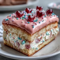 A slice of Candy Hearts Fake Cake showcases a buttery graham cracker crust and a fluffy whipped cream topping, studded with colorful conversation heart candies for a playful, festive treat.