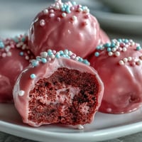 Vibrant pink candy coating covers smooth Oreo truffle balls, ready for a party dessert platter.  