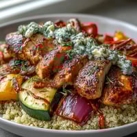 Golden roasted zucchini, bell peppers, and red onion accompany sliced paprika herb chicken over fluffy quinoa, drizzled with rose harissa in a vibrant bowl.