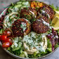 Freshly fried falafel balls sit atop creamy hummus with crisp greens, cucumbers, and cherry tomatoes, drizzled with tahini sauce.