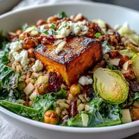 Vibrant Fall Harvest Bowl with roasted sweet potatoes, kale, and crispy chickpeas, topped with feta and almonds.