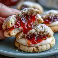 Fresh strawberry jam thumbprint cookies with golden edges and vibrant red centers, ideal for spring gatherings and afternoon treats.