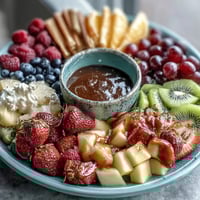 Spring Fruit Table Platter with Dipping Yogurt Sauce: A colorful spring fruit platter arranged with strawberries, kiwi, and mango, served with a creamy honey-yogurt dipping sauce for a refreshing appetizer.
