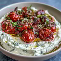 Whipped feta dip with roasted cherry tomatoes, garnished with fresh basil and olive oil.