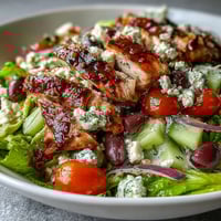 Vibrant Greek salad bowl topped with juicy grilled chicken, fresh vegetables, and creamy feta cheese.  