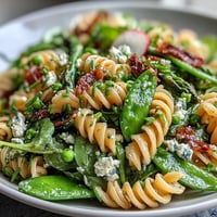 Vibrant Spring Pasta Salad with Lemon Vinaigrette and Radishes, bursting with crisp veggies and zesty citrus dressing.  