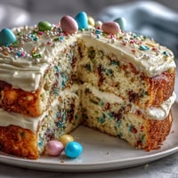 Vibrant Spring Birthday Party Funfetti Dip Cake loaded with colorful sprinkles.