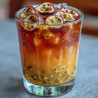 Tropical Sunrise Mocktail with passionfruit and orange, a vibrant layered non-alcoholic beverage.