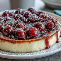 Golden fresh cherry clafoutis bubbling with vanilla bean sweetness.